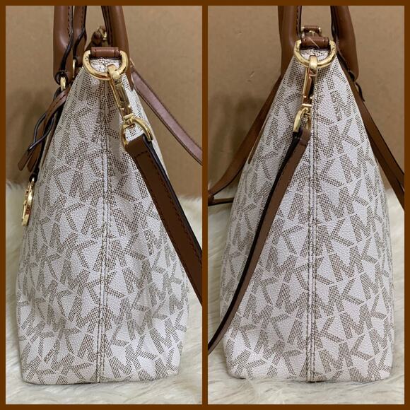 MICHAEL KORS AUSTEN Vanilla & Acorn Brown Leather Logo Satchel with XBody Strap - Picture 5 of 16